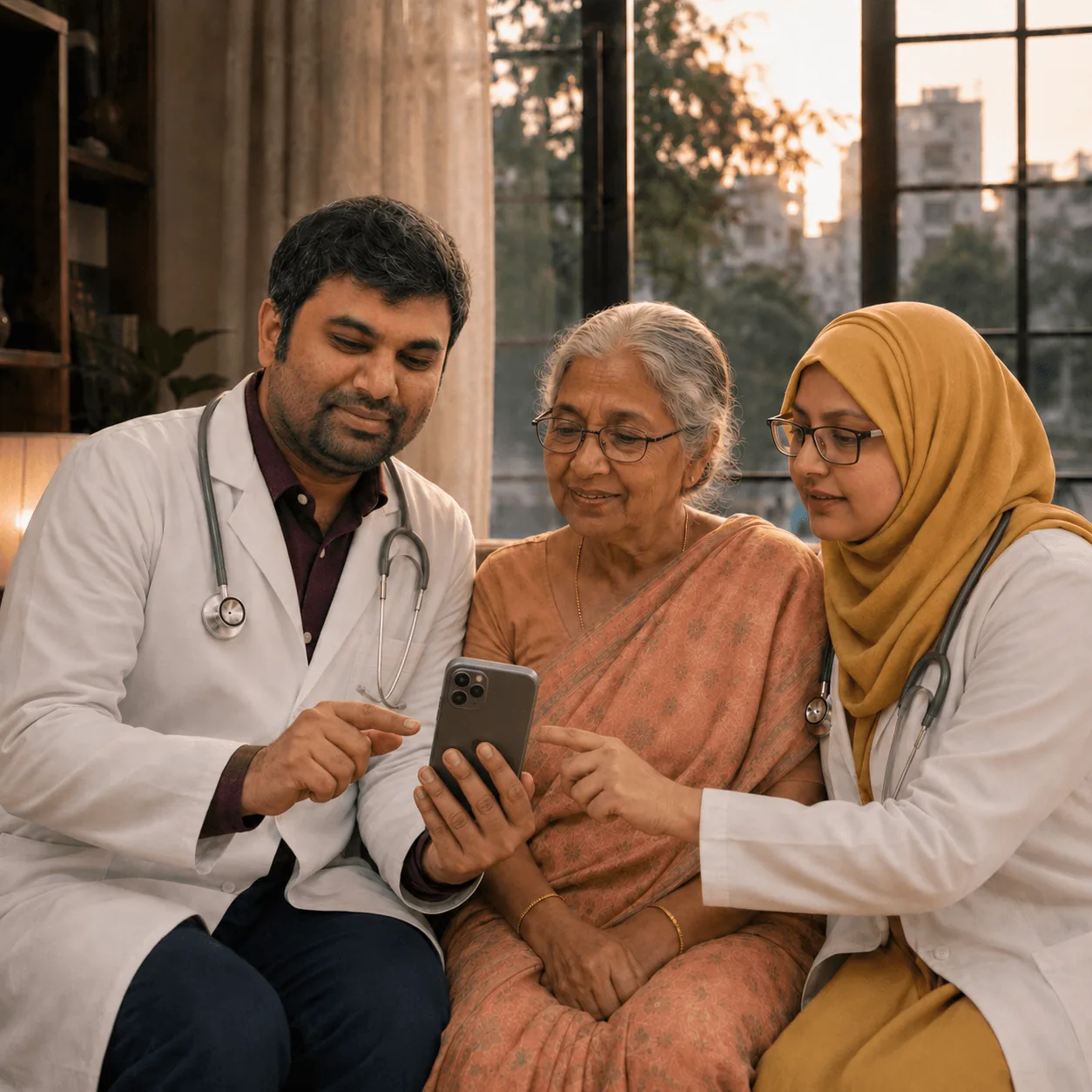 Two doctors going through a patient’s results with her on a phone