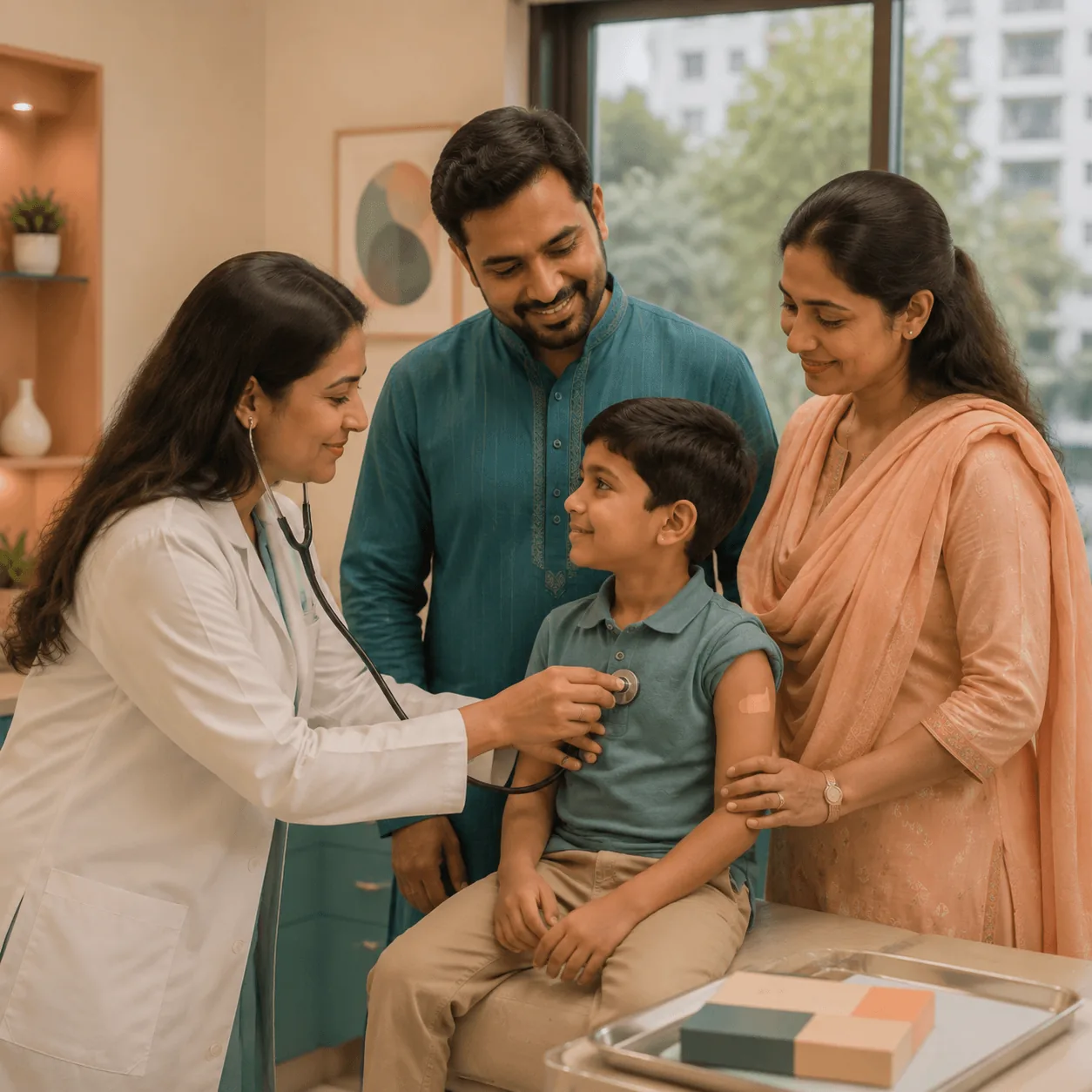 A doctor listening to a child’s chest while both parents watch