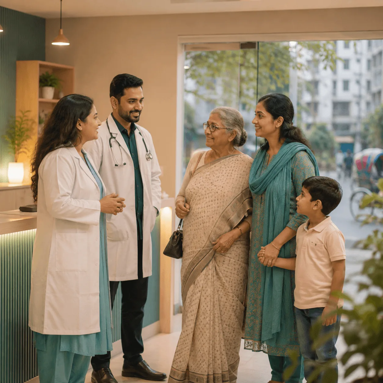 Two doctors greeting a family — grandmother, mother and child — at the clinic reception