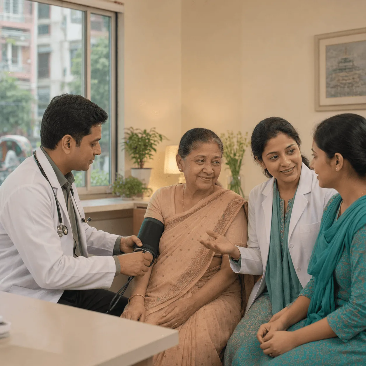 A doctor checking an elderly patient’s blood pressure while her daughter looks on
